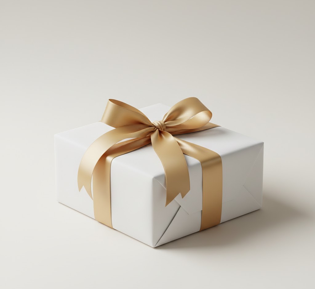 Elegant white gift box with gold ribbon