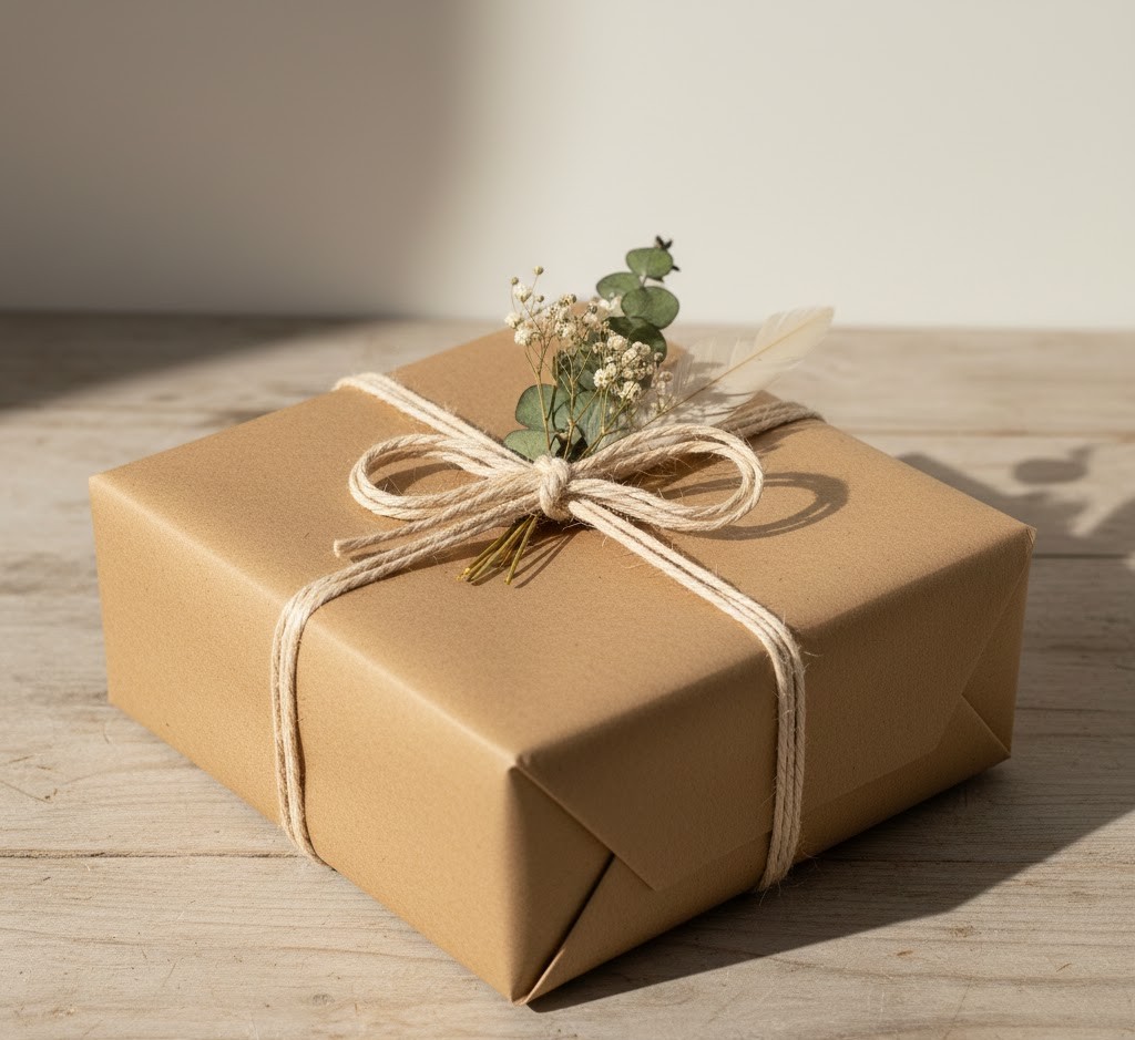 Rustic gift wrapping with twine and greenery