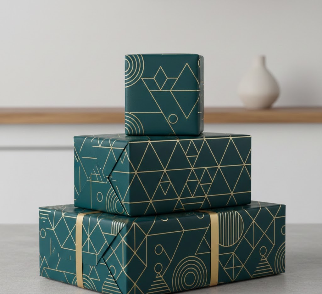 Minimalist gift wrapping with geometric patterns